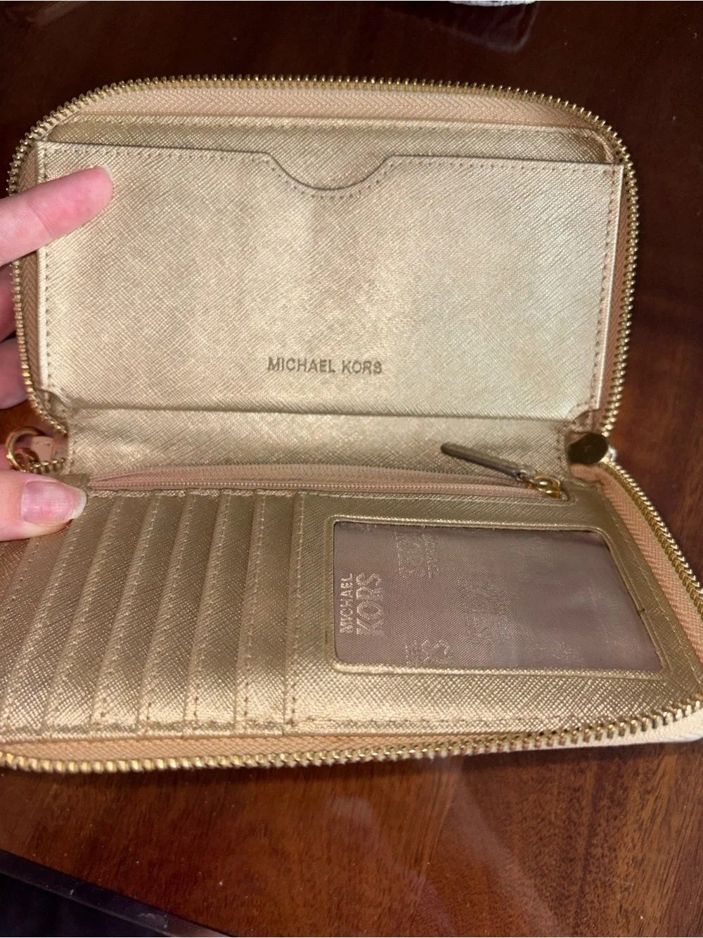 Michael Kors Metallic Gold MK Logo Wristlet with Pale Pink Strap